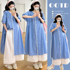 批发实拍現货 夏季新款蕾丝拼接蓝色<b class='q'>格子</b>连衣裙白色花边阔腿裤<b class='q'>套装</b>