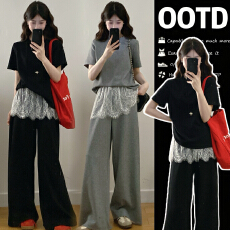 批发实拍中現货夏季新款慵懒风短袖抽绳上衣设计感<b class='q'>蕾丝</b>屁帘阔腿裤套装