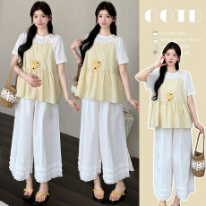 批发实拍現货 夏季新款韩系淡黄色碎花吊带白色打底T恤花边阔腿裤套装