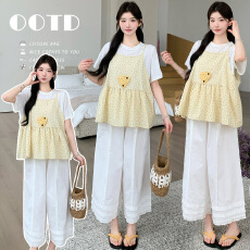 批发实拍現货 夏季新款韩系淡黄色碎花吊带白色打底T恤花边阔腿裤套装