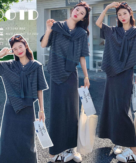 지금 지금 2026 여름 새로운 한 부서 느긋한 바람 스트라이프 티셔츠 숄 반신 스커트 슬림해 보이는 3종 세트