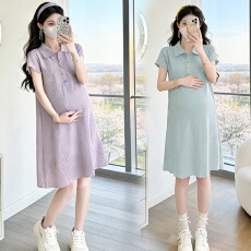 批发2026夏季新款短袖<b class='q'>孕妇装</b>清爽翻领显瘦中长款<b class='q'>孕妇</b><b class='q'>连衣裙</b>淑女风文艺
