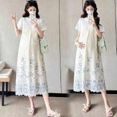 批发宽松孕妇连衣裙印花孕妇装长款孕妇裙大码假两件连衣裙