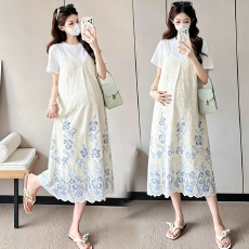 批发宽松孕妇连衣裙舒适刺绣孕妇装长款孕妇裙大码连衣裙