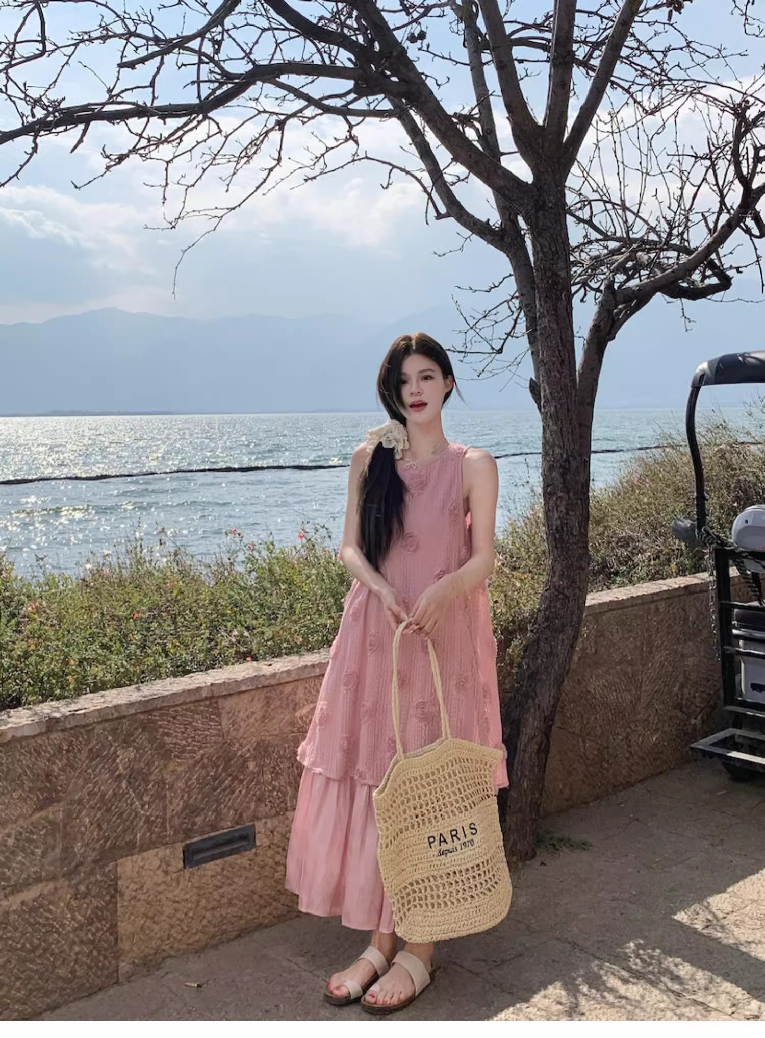 빅 사이즈 지방 mm 여름 프랑스식 레트로 부드러운 바람 페이크 레이어드 플리츠 민소매 조끼 여성 드레스 품격 롱 스커트