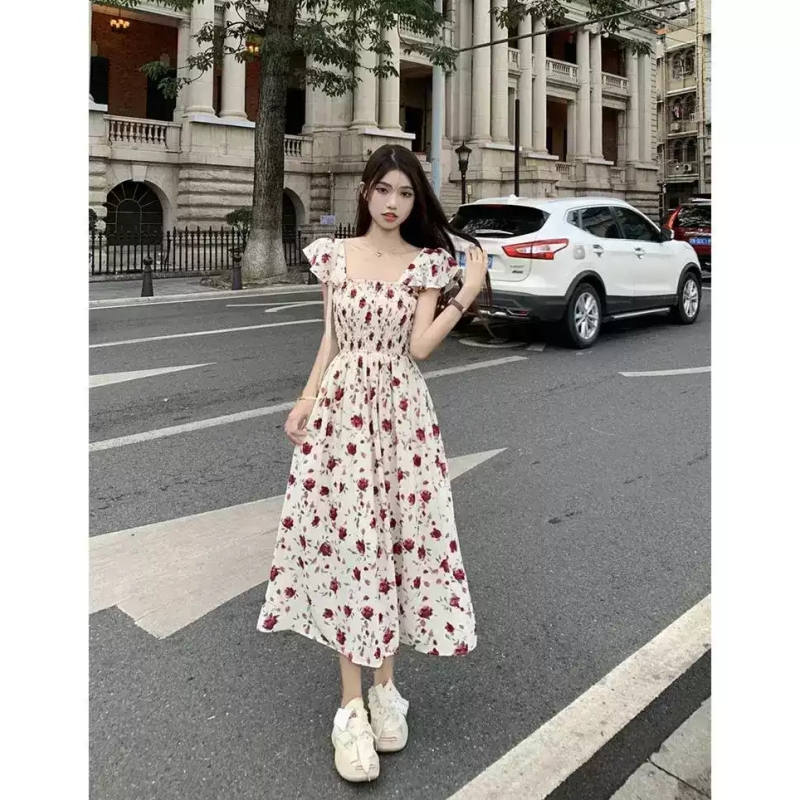 프랑스식 장미 프린트 여름 새로운 작은 날다 소매 여성 드레스 허리 수축 슬림해 보이는 중간 길이 한 마디 치마