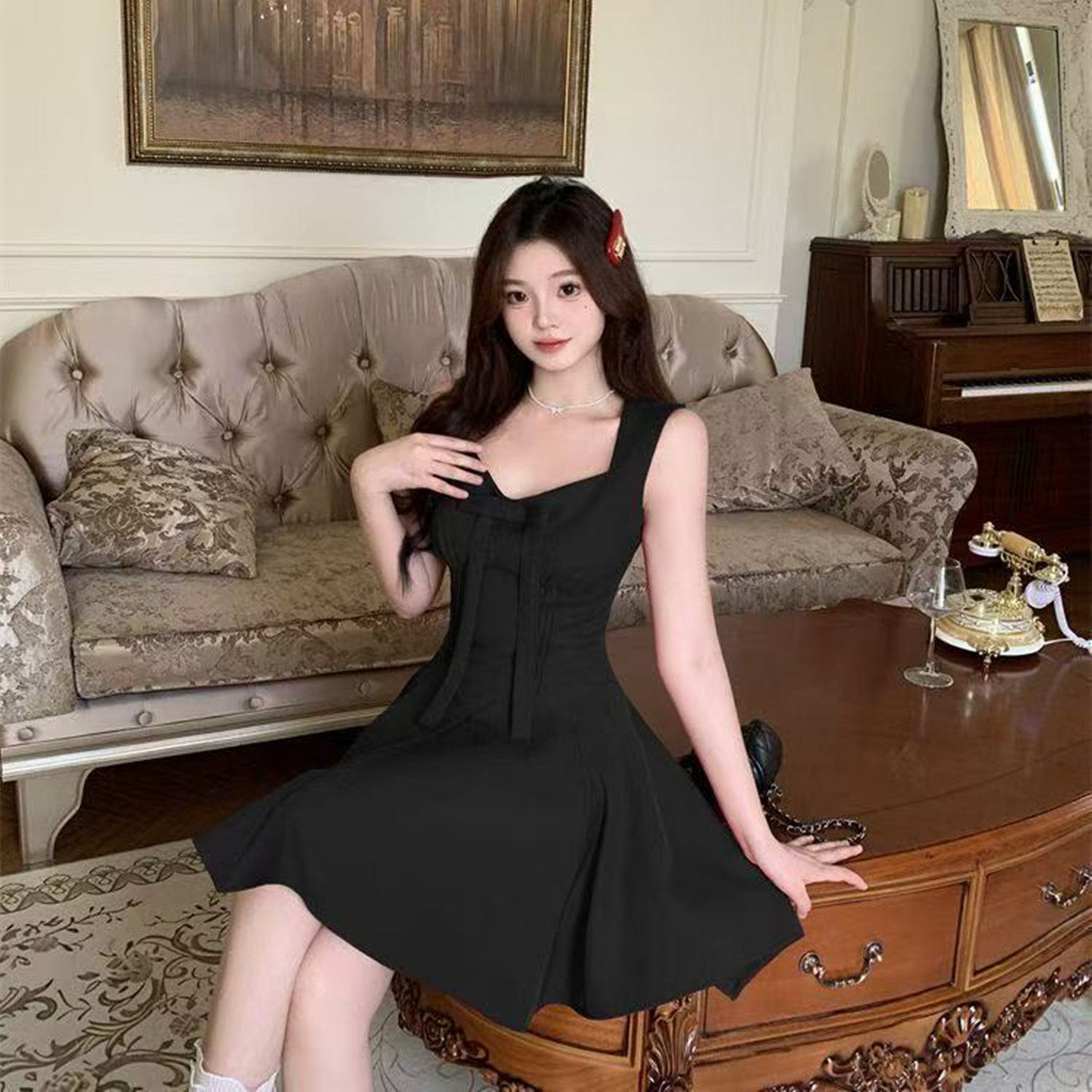섹시함 순수한 욕망 고급 센스 나비 매듭 슬립 여성 드레스 여름 새로운 몸매 가꾸기 슬림해 보이는 쇼트 스타일 한 마디 미니 스커트