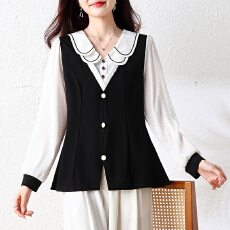 批发2026胖MM假两件<b class='q'>娃娃领</b>拼接<b class='q'>衬衫</b>女显瘦减龄时尚气质纽扣爆款上衣