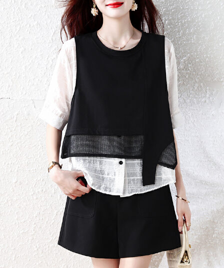 지방 mm 배색 페이크 레이어드 패치워크 반팔 여성 셔츠 여름 2026 새로운 루즈핏 슬림해 보이는 주간 실크 작은 셔츠 맨위