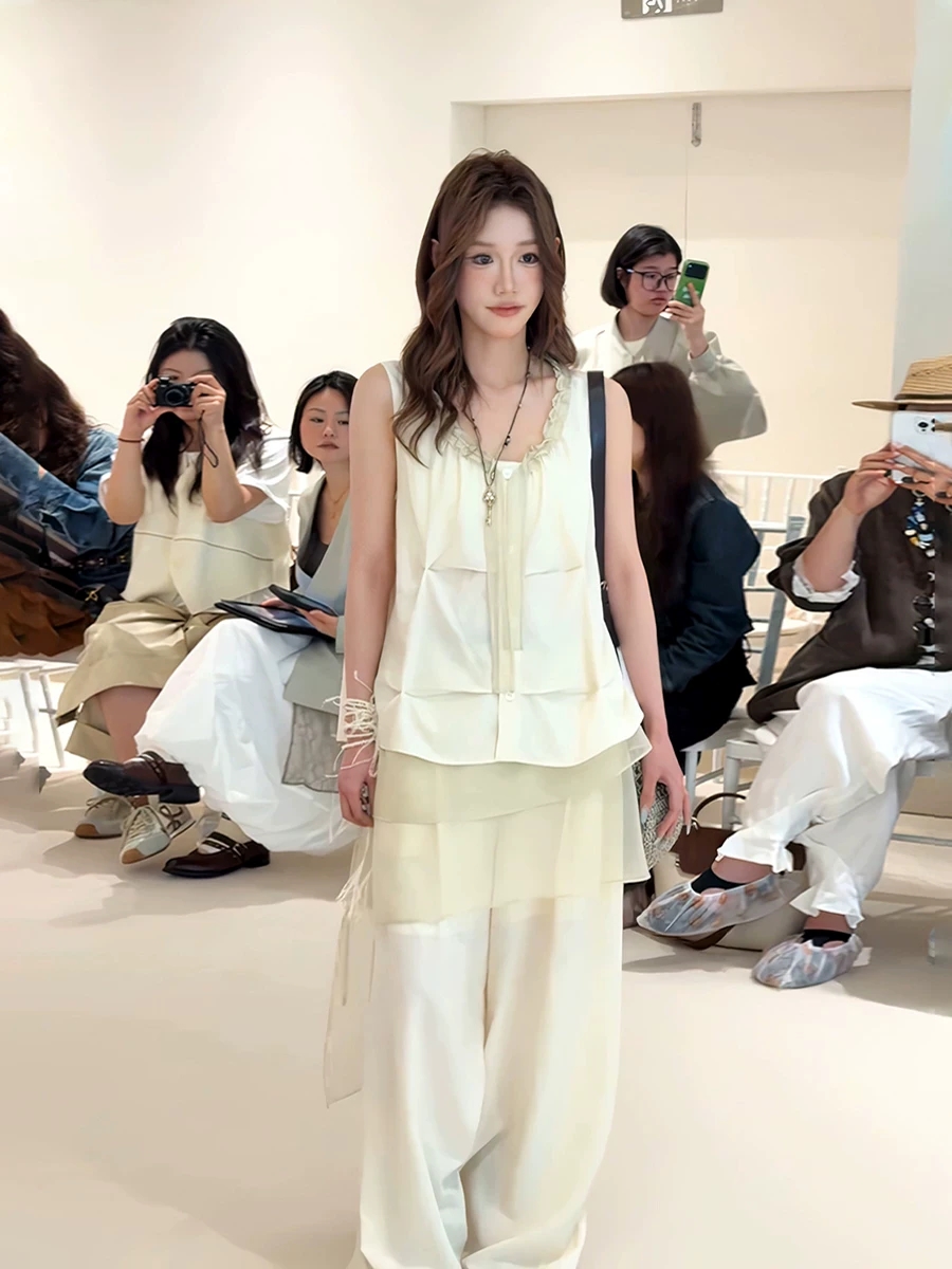 프랑스식 새로운 느긋한 바람 케이크 층 루즈핏 조끼 망사 와이드 레그 팬츠 세트 여성 여름 느슨함 센스 투피스 세트
