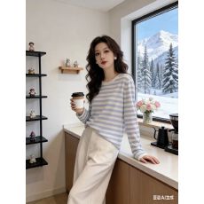 韩版新款宽松慵懒风圆领条纹长袖上衣