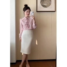 批发知性优雅风上班族本命提花肌理巨显温柔的飘带领结上衣