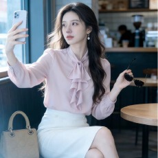 批发知性优雅风上班族本命提花肌理巨显温柔的飘带领结上衣