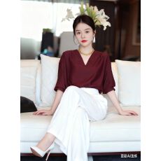 批发真丝女士<b class='q'>衬衫女</b><b class='q'>短袖</b>春夏法式小众别致上衣小衫设计感V领漂亮衬衣
