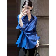 批发蓝色翻领绑带长袖<b class='q'>衬衫</b>女春季2026年新款显白减龄收腰上衣