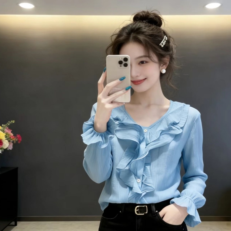 RY3750# 优雅天空蓝v领荷叶边长袖衬衫女春季新款百搭宽松显瘦上衣
