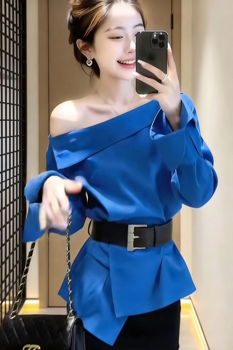 여름 켜기 새로운 프랑스식 품격 디자인 센스 착용 가져 가라. 여성 비스듬한 어깨 긴팔 셔츠
