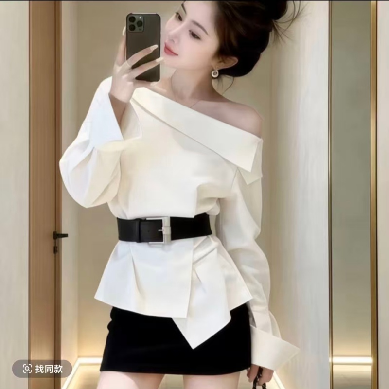 2026 봄 새로운 여성 의류 프랑스식 지성 우아함 디자인 센스 비스듬한 칼라 오프숄더 긴팔 셔츠 슬림해 보이는 맨위 트렌디