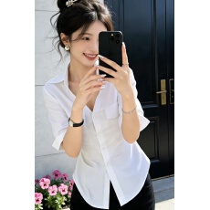 批发自创款 巨显瘦精细棉收腰v领短袖正肩衬衫上衣女夏