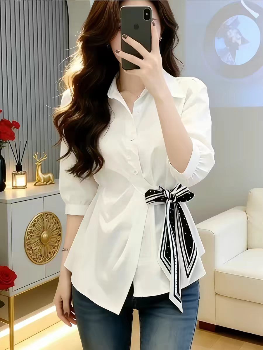 루오 펜 원단 이야기 여성 의류 봄 새로운 패션 다용도 디자인 센스 스카프 리본 허리 수축 셔츠