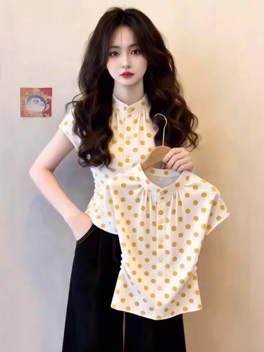프랑스식 도트 무늬 스탠드 칼라 반팔 여성 셔츠 여름 디자인 센스 허리 수축 몸매 가꾸기 작은 셔츠 품격 사소한 아름다운 맨위
