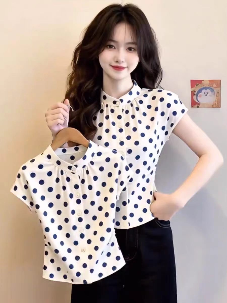 프랑스식 도트 무늬 스탠드 칼라 반팔 여성 셔츠 여름 디자인 센스 허리 수축 몸매 가꾸기 작은 셔츠 품격 사소한 아름다운 맨위