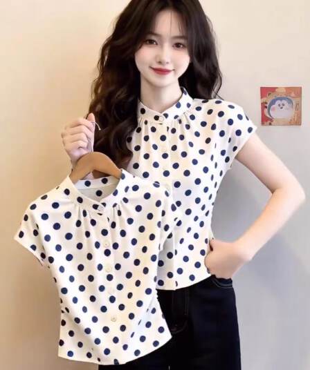 프랑스식 도트 무늬 스탠드 칼라 반팔 여성 셔츠 여름 디자인 센스 허리 수축 몸매 가꾸기 작은 셔츠 품격 사소한 아름다운 맨위