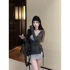 批发实拍实价 双重幻色灰色挂脖<b class='q'>背心</b>女辣妹修身V领针织开衫两件套