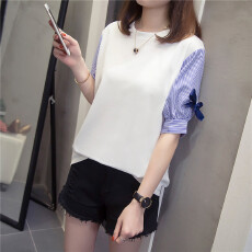 批发实拍大码女装胖mm时尚<b class='q'>百搭</b><b class='q'>衬衫</b>袖拼接上衣2026夏装新款短袖<b class='q'>t</b><b class='q'>恤</b>潮