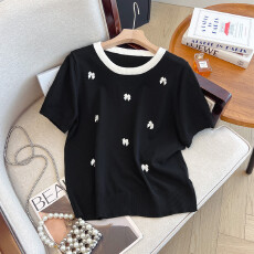 批发立体装饰冰丝短袖t恤女夏季新款宽松大码女装洋气显瘦针织衫上衣