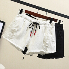 批发实拍2026新款大码<b class='q'>女装</b>松紧腰200斤磨破牛仔短裤加肥加大弹力女裤