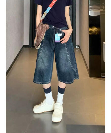 빅 사이즈 레트로 진한 파란색 7 점 데님 반바지 여성 여름 지방 mm 루즈핏 슬림해 보이는 하이웨이스트 스트레이트 넓은 다리 바지