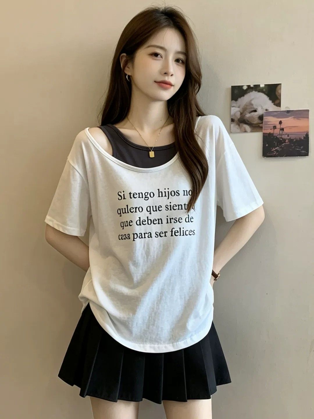 2026 빅 사이즈 여성 의류 페이크 레이어드 티셔츠 패션 품격 반팔 빅 사이즈 맨위 패치워크 루즈핏 청춘 활력 트렌디