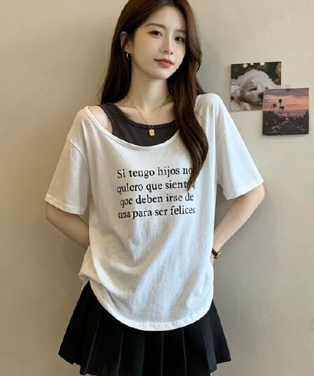 2026 빅 사이즈 여성 의류 페이크 레이어드 티셔츠 패션 품격 반팔 빅 사이즈 맨위 패치워크 루즈핏 청춘 활력 트렌디