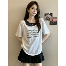 批发2026大码女装假两件T恤时尚气质短袖大码上衣拼接宽松青<b class='q'>春</b>活力潮