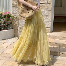 批发2026新款夏漂亮法式a字显瘦气质褶皱大裙摆长款<b class='q'>半身</b>裙子女网纱裙