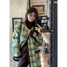 批发韩版小香风撞色格子外套女小个子秋冬新款设计感小众宽松开衫<b class='q'>上衣</b>
