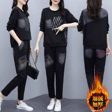 批发加绒加厚胖mm秋冬新款<b class='q'>大码</b>宽松印花套装女休闲<b class='q'>运动服</b>两件套潮