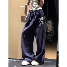 批发美式高街潮牌藏青色字母<b class='q'>印花</b>运动卫裤女秋季慵懒休闲垂坠感阔腿裤