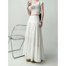 批发温柔风白色半身裙女装新款夏季高腰显瘦设计感小众大摆伞裙子