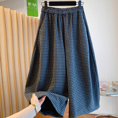 批发2025新款加厚加绒格子裤女冬季宽松休闲阔腿裤毛呢弯刀裤<b class='q'>九分裤</b>子