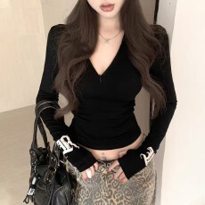 批发人棉 美式印花拉链v领<b class='q'>T</b><b class='q'>恤</b>女秋季打底衫小个子黑色长袖上衣