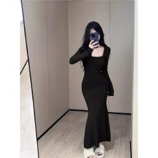 批发【230克高弹条】御姐风方领长袖连衣裙收腰显瘦包臀鱼尾长<b class='q'>裙子</b>
