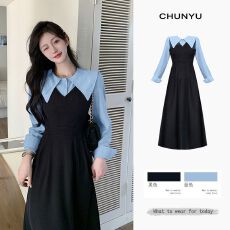 批发【捻丝乱麻】秋学院假两件翻领长袖衬衫收腰显瘦A字<b class='q'>连衣裙</b>