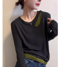 批发假两件打底衫韩系撞色2025冬季新款t恤上衣套头简约长袖好看.