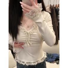 批发270克螺纹德绒1x1法式蝴蝶结蕾丝v领打底衫女<b class='q'>秋</b>冬设计感小众