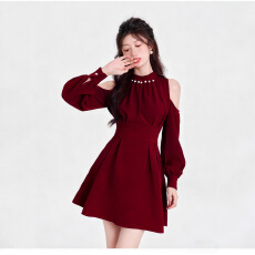 批发法式波点v领长袖雪纺连衣裙女<b class='q'>夏季</b>大码胖mm设计感别致收腰a字<b class='q'>短裙</b>