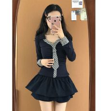 批发【人棉】纯欲格子领带套装女设计感长袖上衣<b class='q'>高腰</b>显瘦<b class='q'>蓬蓬裙</b>