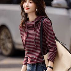 批发时尚高端2025秋季新款条纹长袖打底衫<b class='q'>t</b><b class='q'>恤</b>上衣舒适连帽设计感