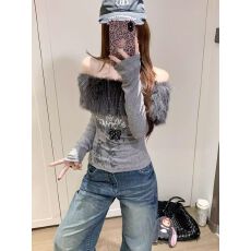 批发冬复古辣妹仿貂毛一字肩锁骨打底衫<b class='q'>女</b>内搭收腰显瘦露肩长袖上衣